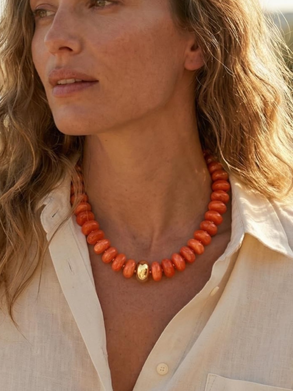 Dopamine Tangerine 🍊 Beaded Necklace with Gold Accent